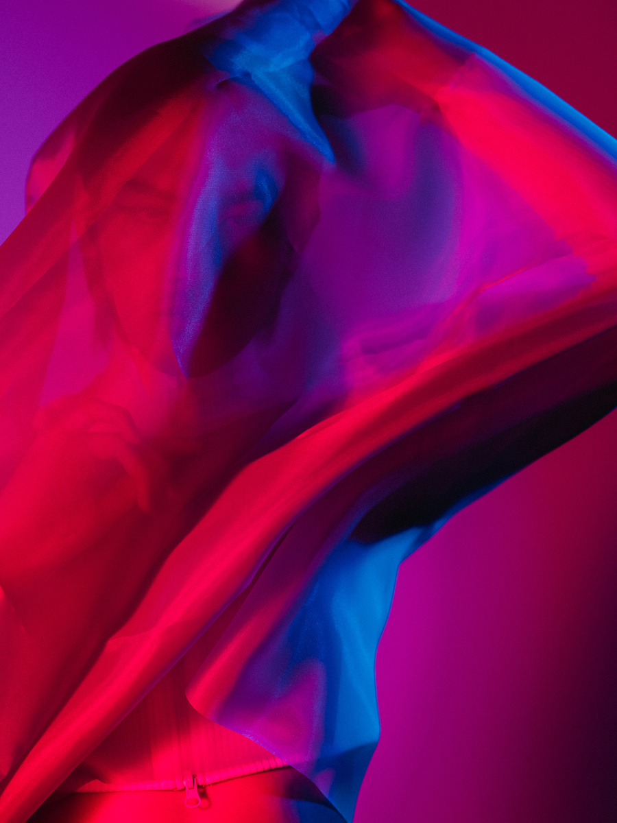 Holo AI Person Draped in Fabric with Neon Lighting